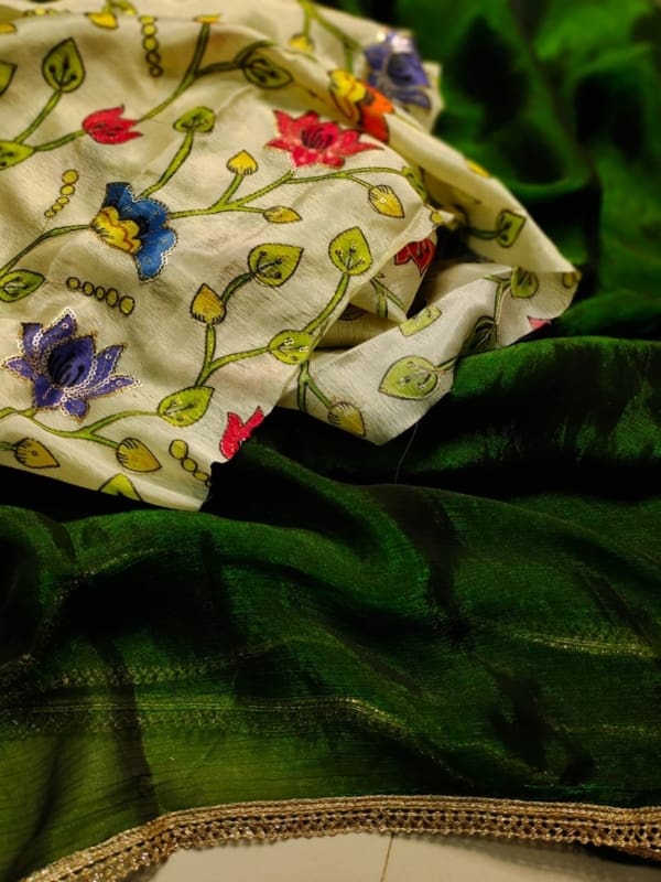 Pure chinan fabric with designer kalamkari blouse