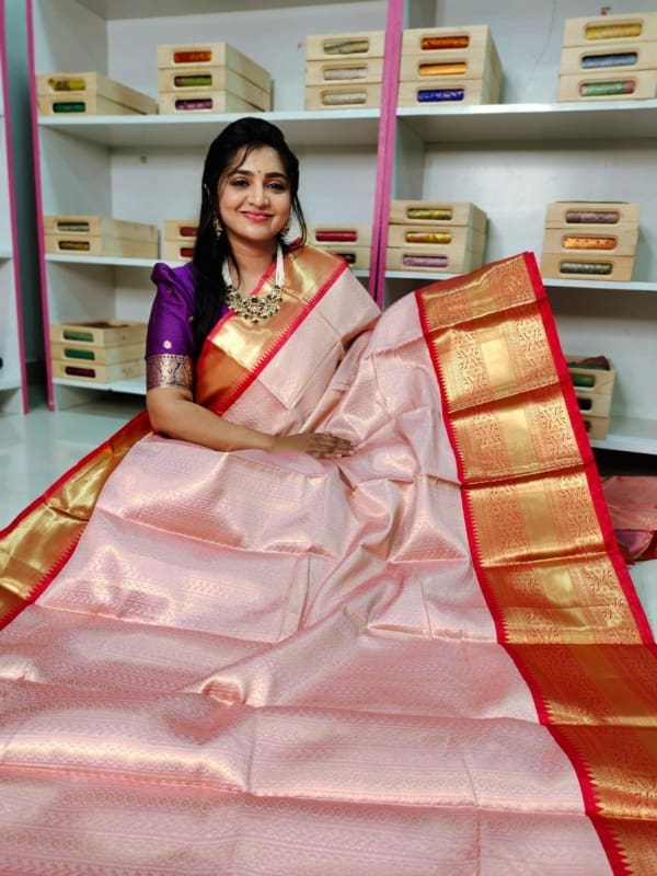 Soft banarasi silk saree with kanchi boaders with contrast blouse